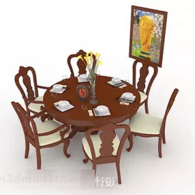 Round Table Chair Brown Wood 3d model