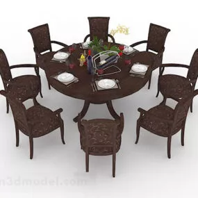 Round Wooden Brown Dining Table And Chair 3d model