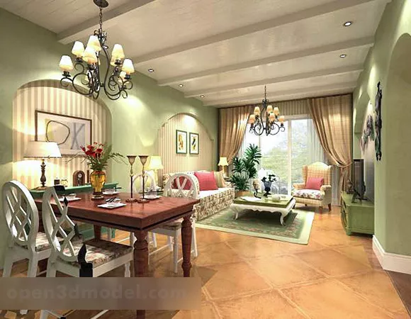 Rural Style Living Room Dining Room Interior 3d model Rural Style Living Room Dining Room Interior 3d model