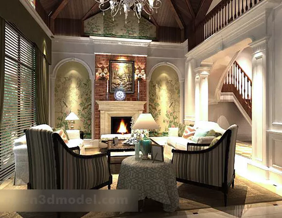Rustic Living Room Shaped Ceiling Interior 3d model Rustic Living Room Shaped Ceiling Interior 3d model