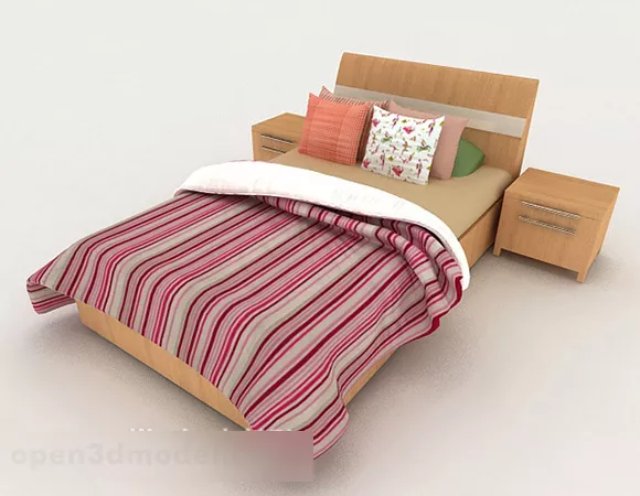 Simple Wooden Red Striped Double Bed 3d model Simple Wooden Red Striped Double Bed 3d model