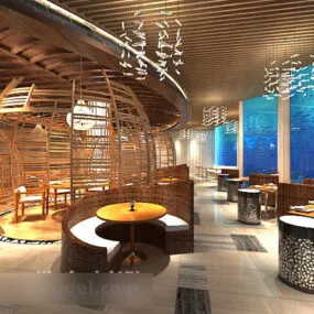 Wedding Restaurant Wooden Ceiling Interior 3d model