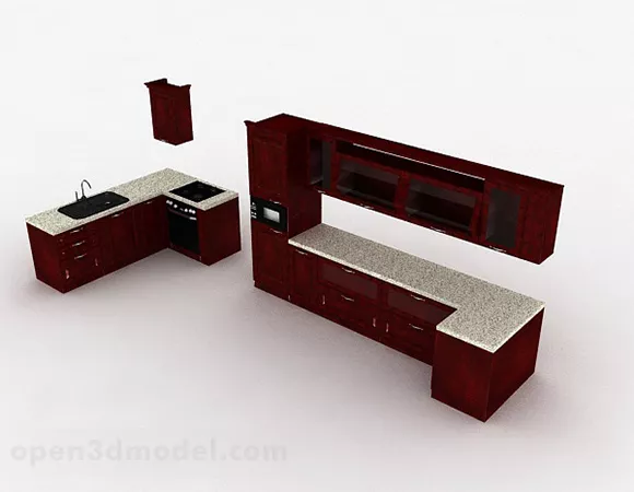 U Shaped Brown Red Design Kitchen Cabinet 3d model U Shaped Brown Red Design Kitchen Cabinet 3d model