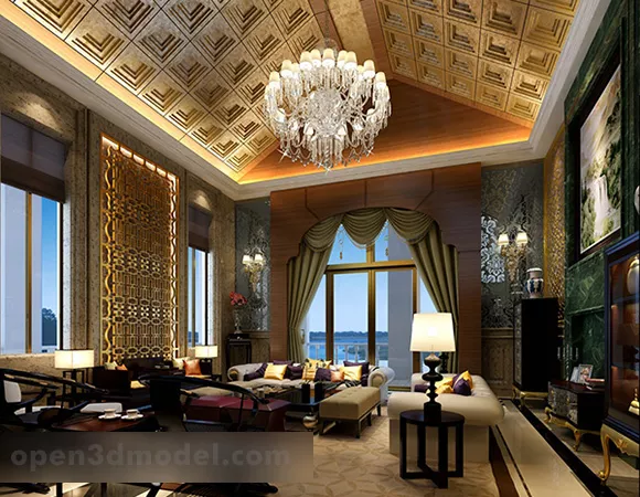 Villa Living Room Luxury Crystal Lamp Interior 3d model Villa Living Room Luxury Crystal Lamp Interior 3d model