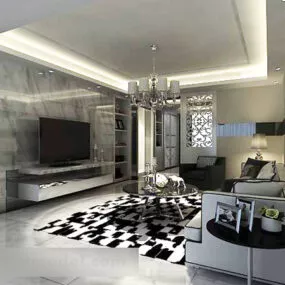 White Living Room Chandelier Interior 3d model