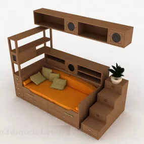 Wooden Bed With Cabinet 3d model