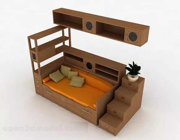 Wooden Bed With Cabinet 3d model Wooden Bed With Cabinet 3d model