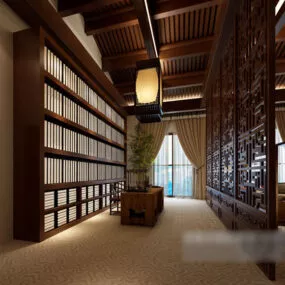 Wooden Ceiling Decoration Study Room Interior 3d model