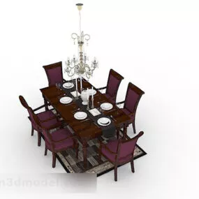 Wooden Dining Table Chair With Chandelier 3d model