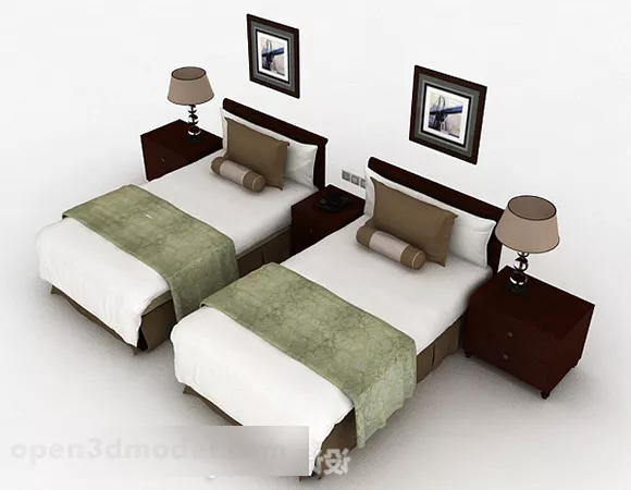 Wooden Twin Single Bed Combination 3d model Wooden Twin Single Bed Combination 3d model