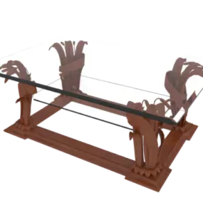 Glass Coffee Table Wooden Carving Legs 3d model