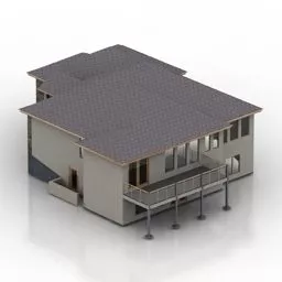 Cottage Wood House With Grey Roof 3d model