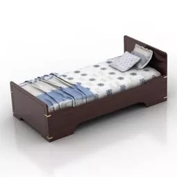 Single Bed Brown Wood Full Set 3d model