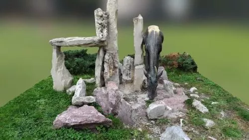 Big Rock On Field With A Tree 3d model