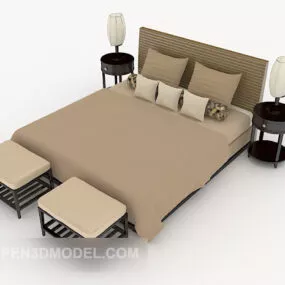 Simple Wood Brown Double Bed Hotel 3d model