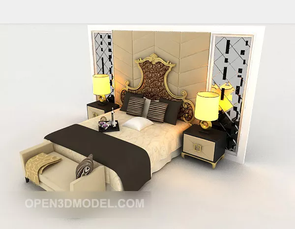 European Double Bed With Wall Back 3d model European Double Bed With Wall Back 3d model