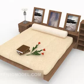 Wooden Double Bed With Picture Decor 3d model