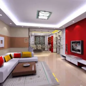 Living Room Furniture With Red Wall Interior 3d model