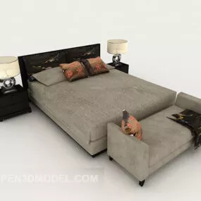 Chinese Home Bed Brown Fabric 3d model