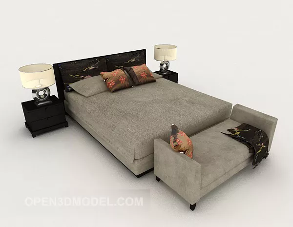Chinese Home Bed Brown Fabric 3d model Chinese Home Bed Brown Fabric 3d model