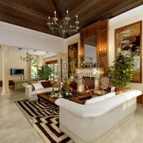 Living Room Furniture Wood Ceiling Interior 3d model