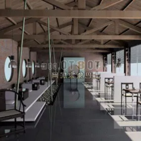 Hotel Restaurant Wooden Roof Interior 3d model