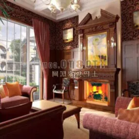 Living Room With Wood Furniture Interior 3d model