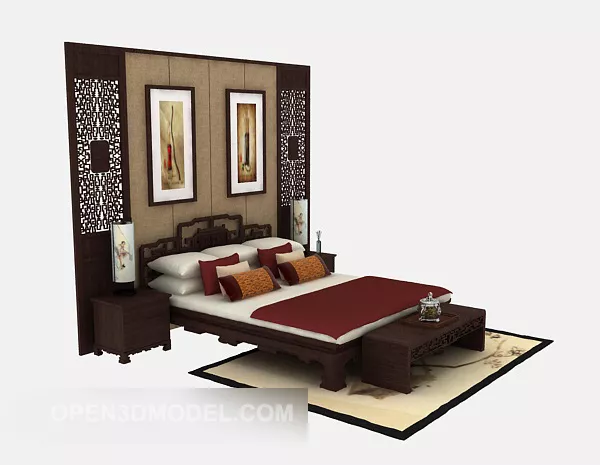 Chinese Double Bed With Back Wall Decoration 3d model Chinese Double Bed With Back Wall Decoration 3d model
