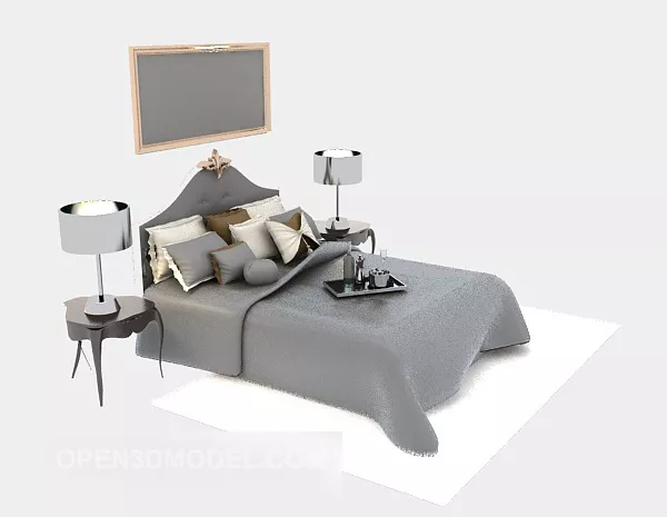 European Double Bed With Pillow Lamp 3d model European Double Bed With Pillow Lamp 3d model