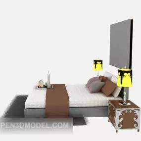 European Double Bed With Nightstand Lamp 3d model