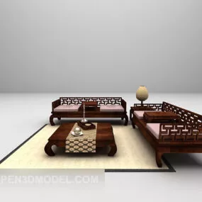 Chinese Style Wooden Sofa With Carpet 3d model
