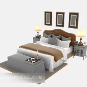 European Wood Bed With Decoration 3d model