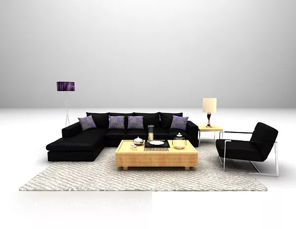 Black Leather Multi-seaters Sofa Set 3d model Black Leather Multi-seaters Sofa Set 3d model