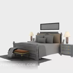 Grey Color European Bed With Table Lamp 3d model