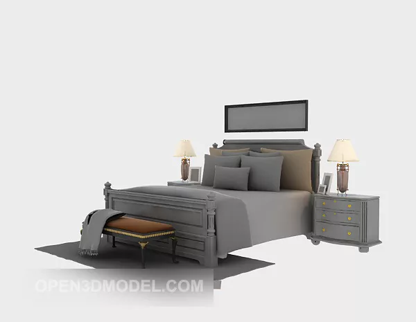 Grey Color European Bed With Table Lamp 3d model Grey Color European Bed With Table Lamp 3d model
