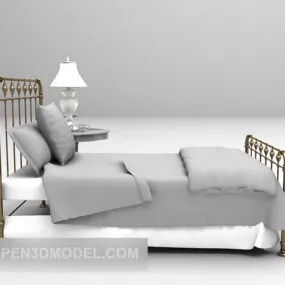 Iron Single Bed With Table Lamp 3d model