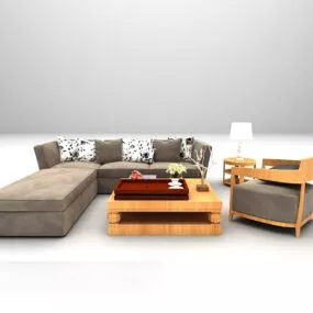 Modern Brown Sofa With Wood Table 3d model