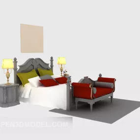 European Style Wooden Bed With Painting Lamp 3d model