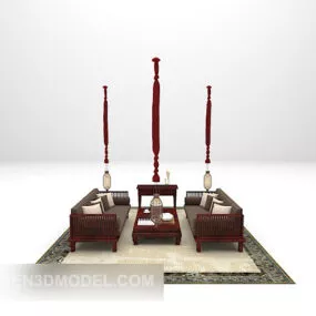 Chinese Style Sofa Wooden With Carpet 3d model