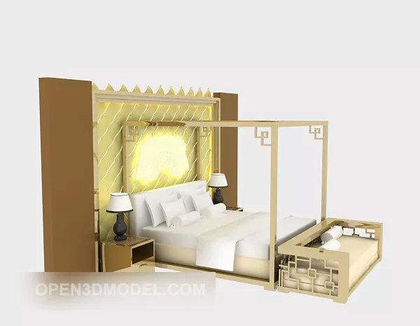 Modern Wooden Poster Bed With Backwall 3d model Modern Wooden Poster Bed With Backwall 3d model