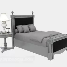 Wood Single Bed With Table Lamp 3d model