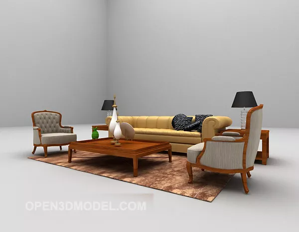 Wood Sofa With Retro Carpet 3d model Wood Sofa With Retro Carpet 3d model