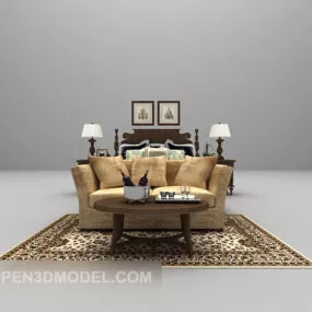 European Wooden Double Bed With Carpet 3d model