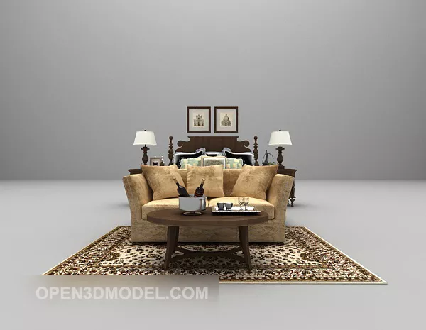 European Wooden Double Bed With Carpet 3d model European Wooden Double Bed With Carpet 3d model