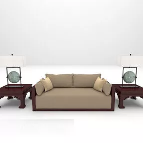 Chinese Wooden Sofa Brown Color With Lamp 3d model