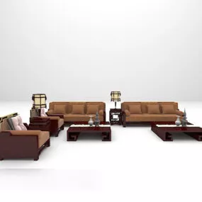 Brown Leather Wood Sofa 3d model