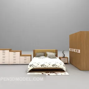 Wood Double Bed With Cabinet Furniture 3d model