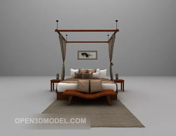 Double Wooden Poster Bed 3d model Double Wooden Poster Bed 3d model