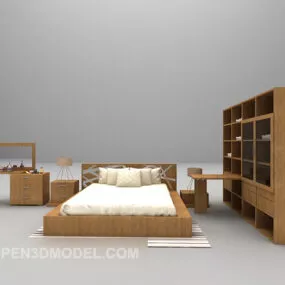Modern Wooden Bed With Cabinet 3d model