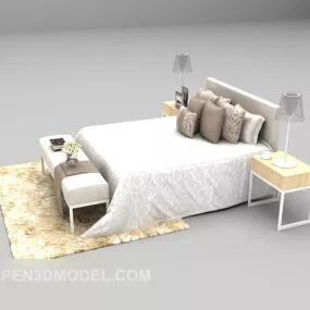 White Bed With Pillows Carpet 3d model